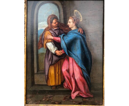 Oil painting on copper depicting the Virgin Mary and Saint Elizabeth.     