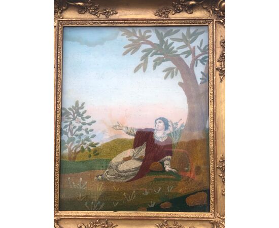 Figura femminile ricamata su tela con viso e mani dipinte.Francia.