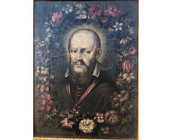 Dipinto olio su tela raffigurante San Francesco di Sales contornato da fiori.Autore Mario dei Fiori (Mario Nuzzi).Roma.