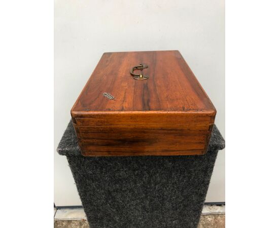 Box - travel dressing table in light mahogany with bronze moldings and silver initials.     