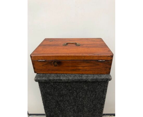 Box - travel dressing table in light mahogany with bronze moldings and silver initials.     