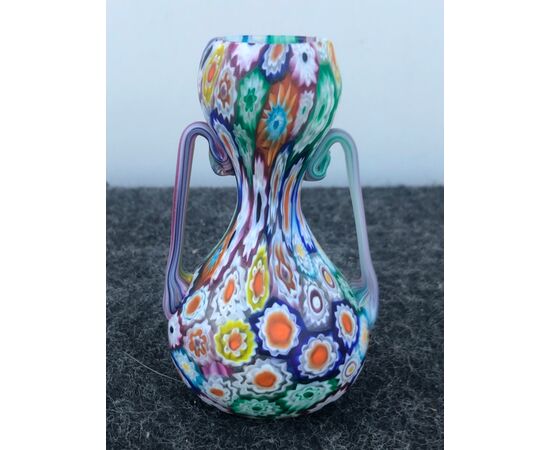 Murrina millefiori jar with two handles .Fratelli Toso.Murano     