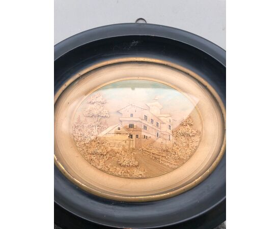 Pair of oval trompe-l&#39;oeil cork squares with landscapes and architecture. Holland     