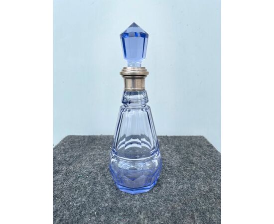 Art d&#39;eco style beveled and faceted glass bottle with silver neck Italy.     