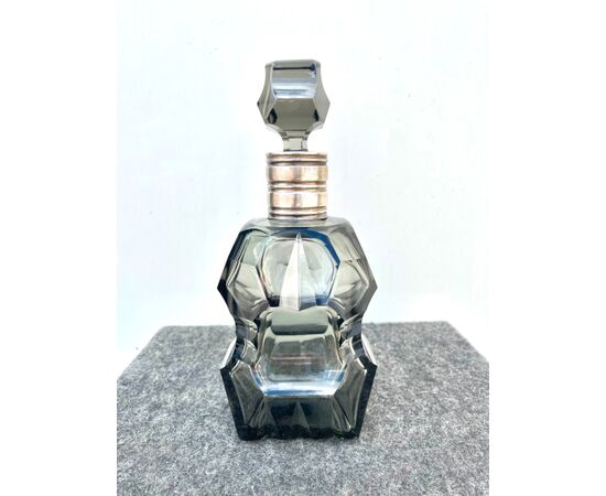 Art Deco style faceted crystal bottle with silver neck Sterling punch (925 sterling silver) USA.     