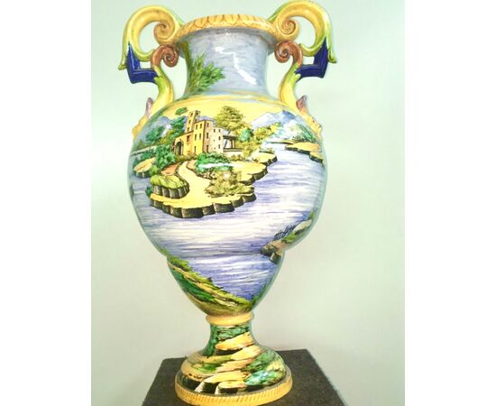 Large vase with masked handles and historiated decoration. SACA Sesto Fiorentino manufacture.     