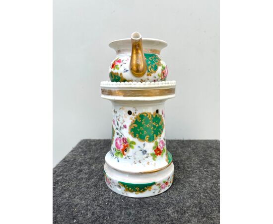 Veilleuse-tisaniera in porcelain decorated with floral and rocaille motifs with gold highlights. France.     