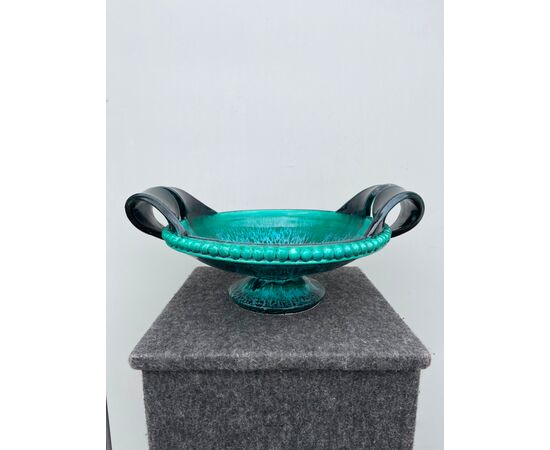 Centerpiece with two handles in earthenware with &#39;malachite&#39; effect.Signed by Marius Giuge.Vallauris.France     