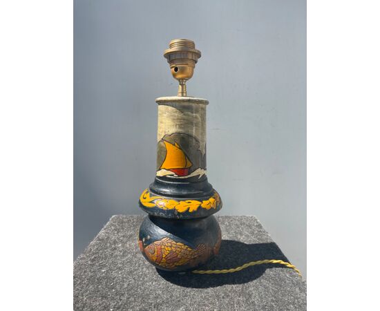 Wooden lamp painted and engraved with marine motifs. France.     