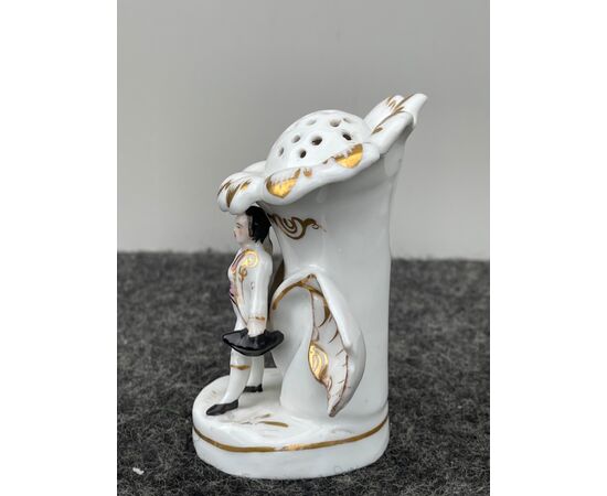 Toothpick holder in polychrome porcelain with male figure and flower shape. Old Paris. France.     