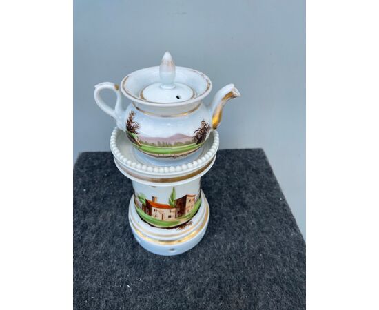 Veilleuse porcelain tea pot decorated with landscape and architecture. France     