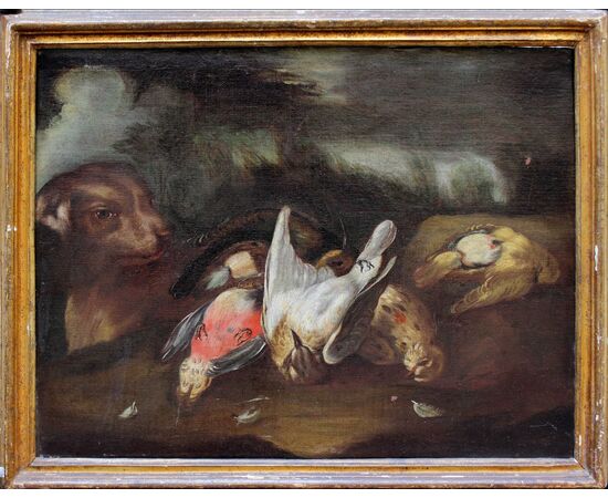 Game with dog, Baldassarre De Caro, 18th century, OIio on canvas     