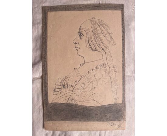 Pencil drawing on paper with profile of a Renaissance woman signed by F. Pietra 1906     