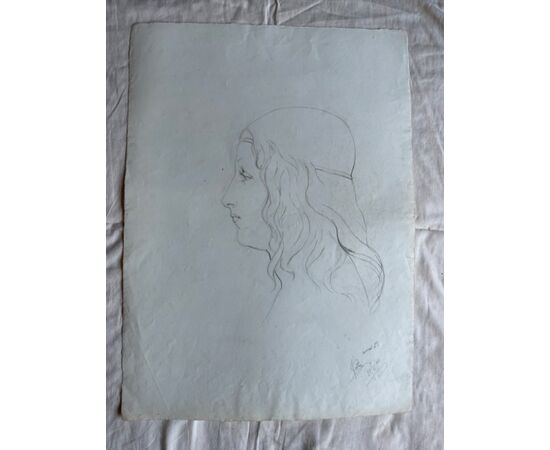 Disegno a matita su carta, profilo di donna rinascimentale.Arturo Pietra.Bologna.Data 1900.
