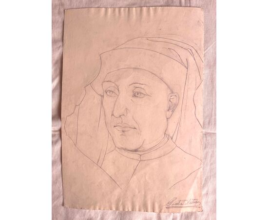 Pencil drawing on paper, face of a young Renaissance woman Arturo Pietra, Bologna.     