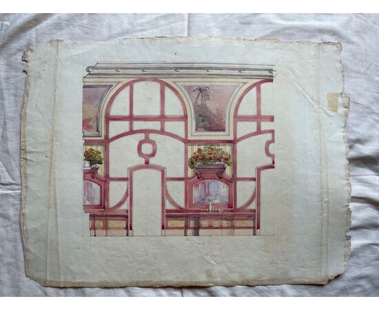 Disegno acquarellato raffigurante vetrate e interni.(archivio Arturo Pietra,Bologna).