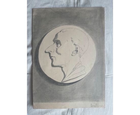 Pencil drawing on paper with the profile of a male figure. Signed by F. Pietra.