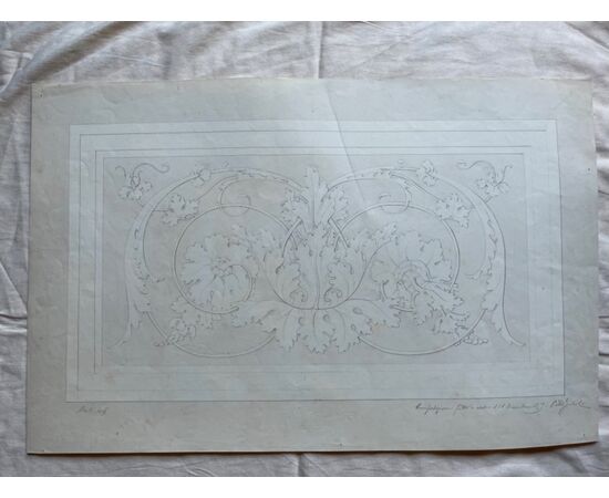 Pencil drawing on paper with rocaille motif. Signed by Giulio Pietra 28/12/1879     