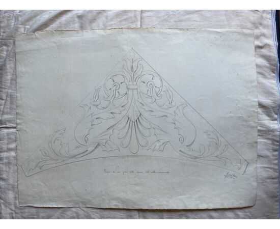Pencil drawing on paper depicting a copy of a plaster frieze. Signed by Giulio Pietra.Bologna.     
