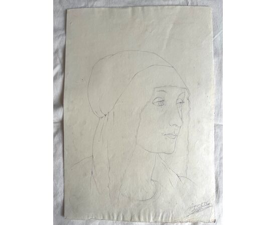 Pencil drawing on paper, Renaissance woman&#39;s face .Arturo Pietra.Bologna.     