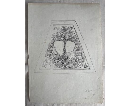 Pencil and ink drawing on paper with sketch of a noble coat of arms Arturo Pietra.     