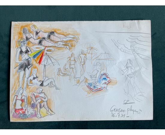 Disegno bozzetto a pastello su cartoncino con personaggi in spiaggia.Autore:Gabriel Paris (1924-2000).Francia