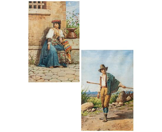 Two Landscapes with Commoners, Achille De Dominics (1851 - 1917)     