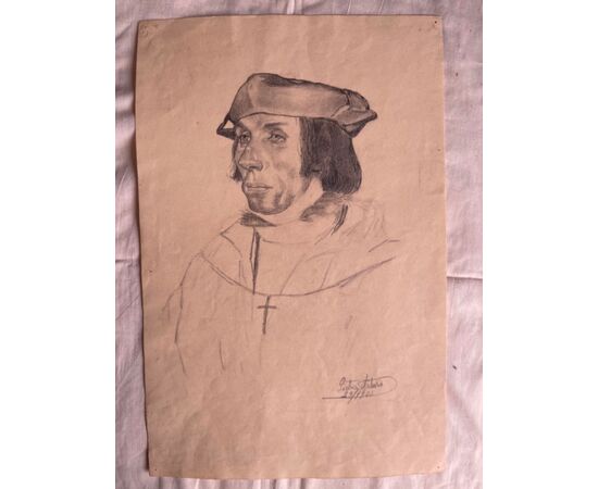 Pencil drawing on paper with the face of a young Renaissance man, Arturo Pietra, Bologna 1900.     