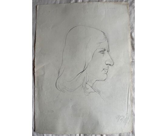 Disegno a matita su carta, profilo di uomo rinascimentale.Federico Pietra.1910.Bologna.