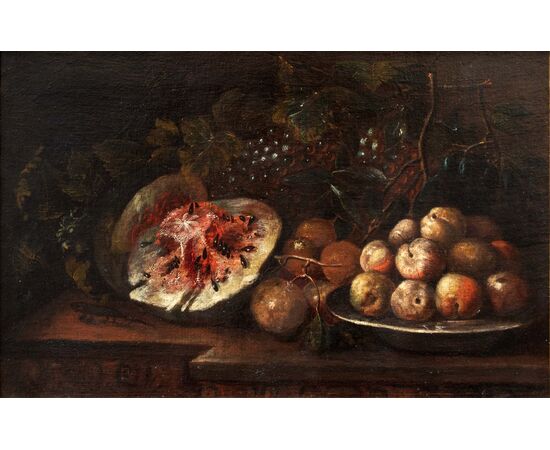 Still life with fruits on a shelf, Paolo Paoletti (1671 - 1735)     