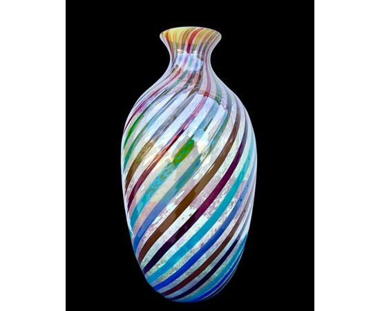 Vase in coated glass with polychrome spirals, metal oxides and iridation.Murano, Cenedese signature.     