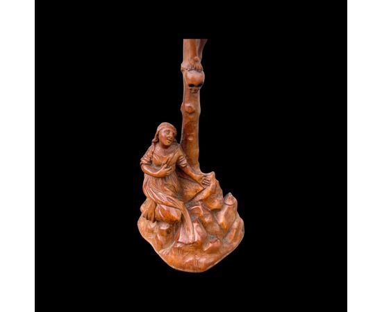 Small boxwood sculpture depicting Christ on the Cross and Madonna.     