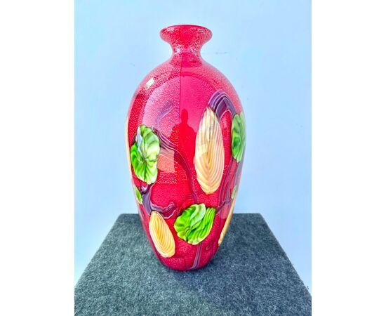 Heavy sommerso glass vase with floral murrine and silver leaf inclusions.Toso, Murano.     