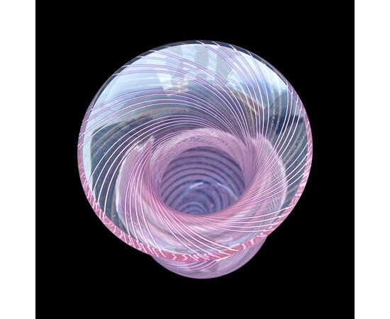 Submerged glass vase with pink and aventurine filigree spirals.Fratelli Toso.Murano.     