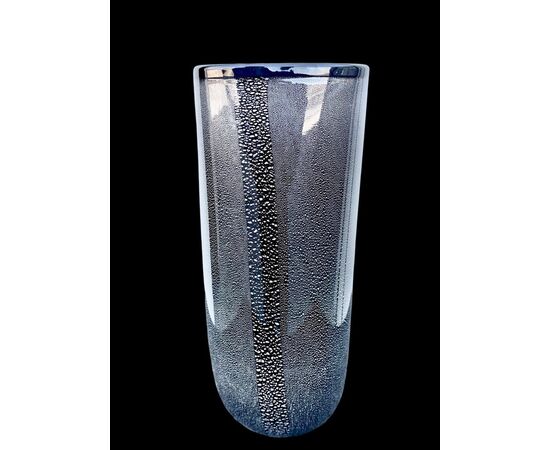 Black sommerso glass vase with silver leaf inclusion. Murano.     