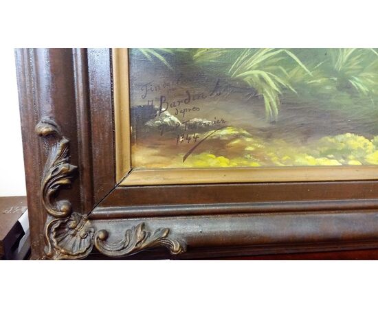 Antique oil painting on canvas raff. Moose hunting scene