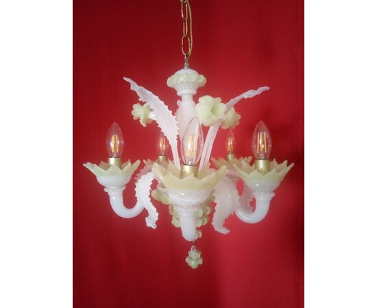 Small white and green opaline glass chandelier