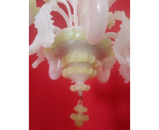 Small white and green opaline glass chandelier