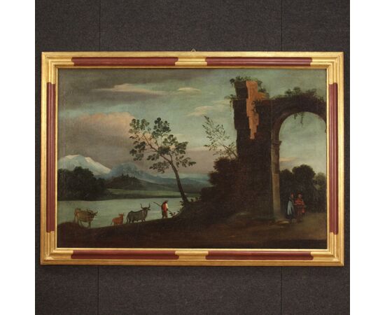 Antico dipinto italiano paesaggio con rovine del XVIII secolo