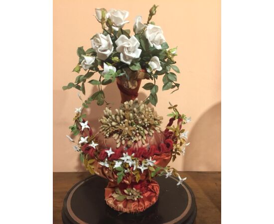 Bouquet di fiori nuziali sotto campana vetro epoca Napoleone III