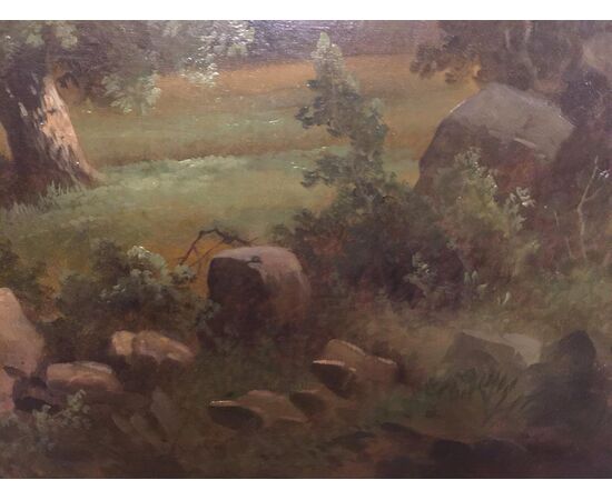 Dipinto olio su tela raffigurante scena di caccia nobiliare