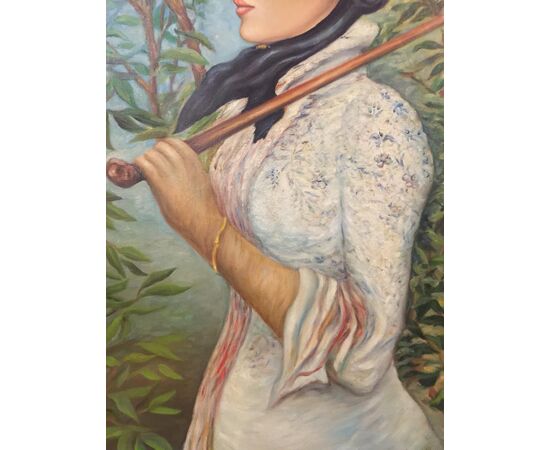Oil painting on canvas raff. Lady with umbrella