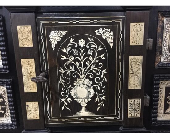Violet ebony and rosewood coin cabinet with ivory inlays