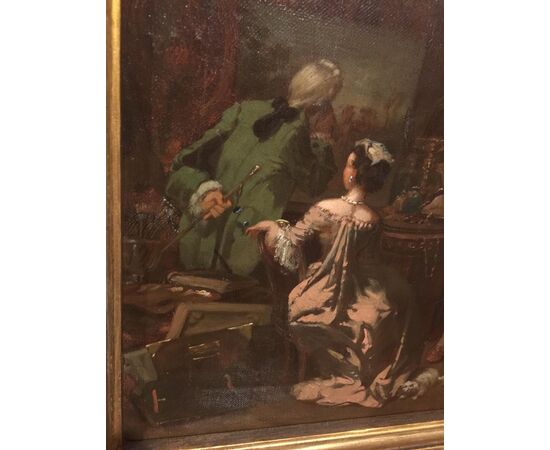 Oil painting on canvas raff. aristocratic scene inside an antiquarian