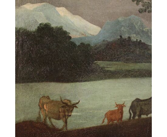 Antico dipinto italiano paesaggio con rovine del XVIII secolo