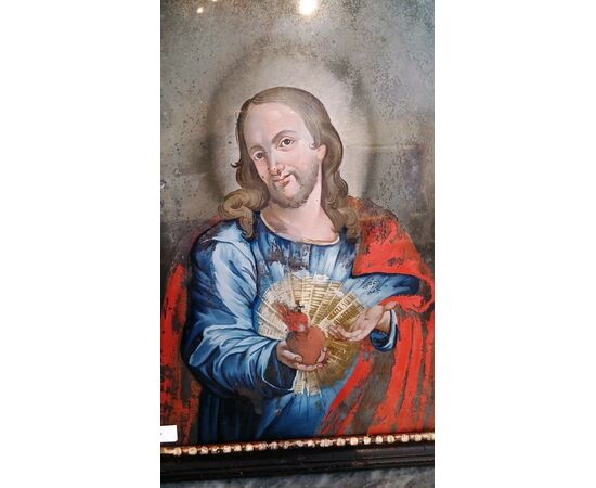 Pittura su vetro raffigurante "Sacro Cuore di Gesù" epoca fine '700