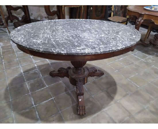Oval center table in mahogany wood and top in Sant'Anna gray marble _ Take new photos