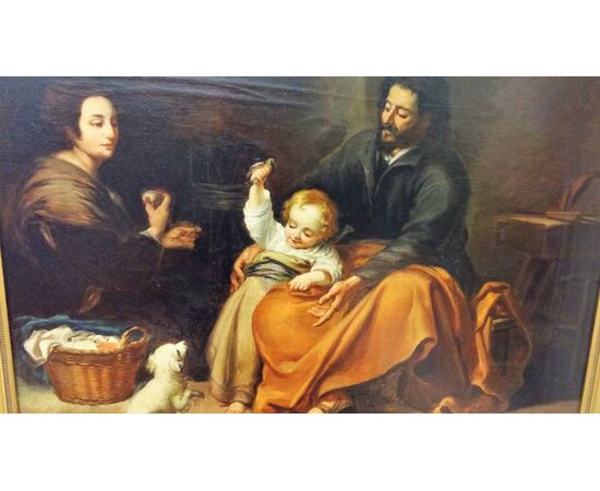 Antique oil painting on canvas raff. Spanish school family scene mid 19th century