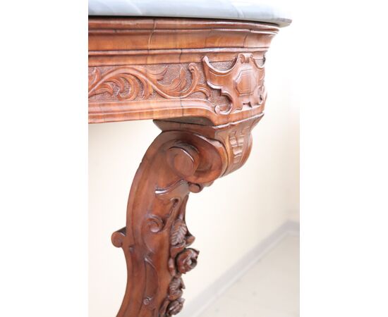 Antique console in carved mahogany with marble top, mid 19th century PRICE NEGOTIABLE     