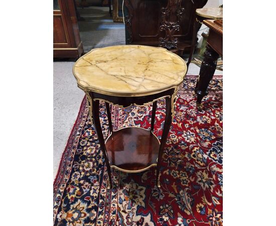 Mahogany coffee table with gilt bronze applications and marble top
